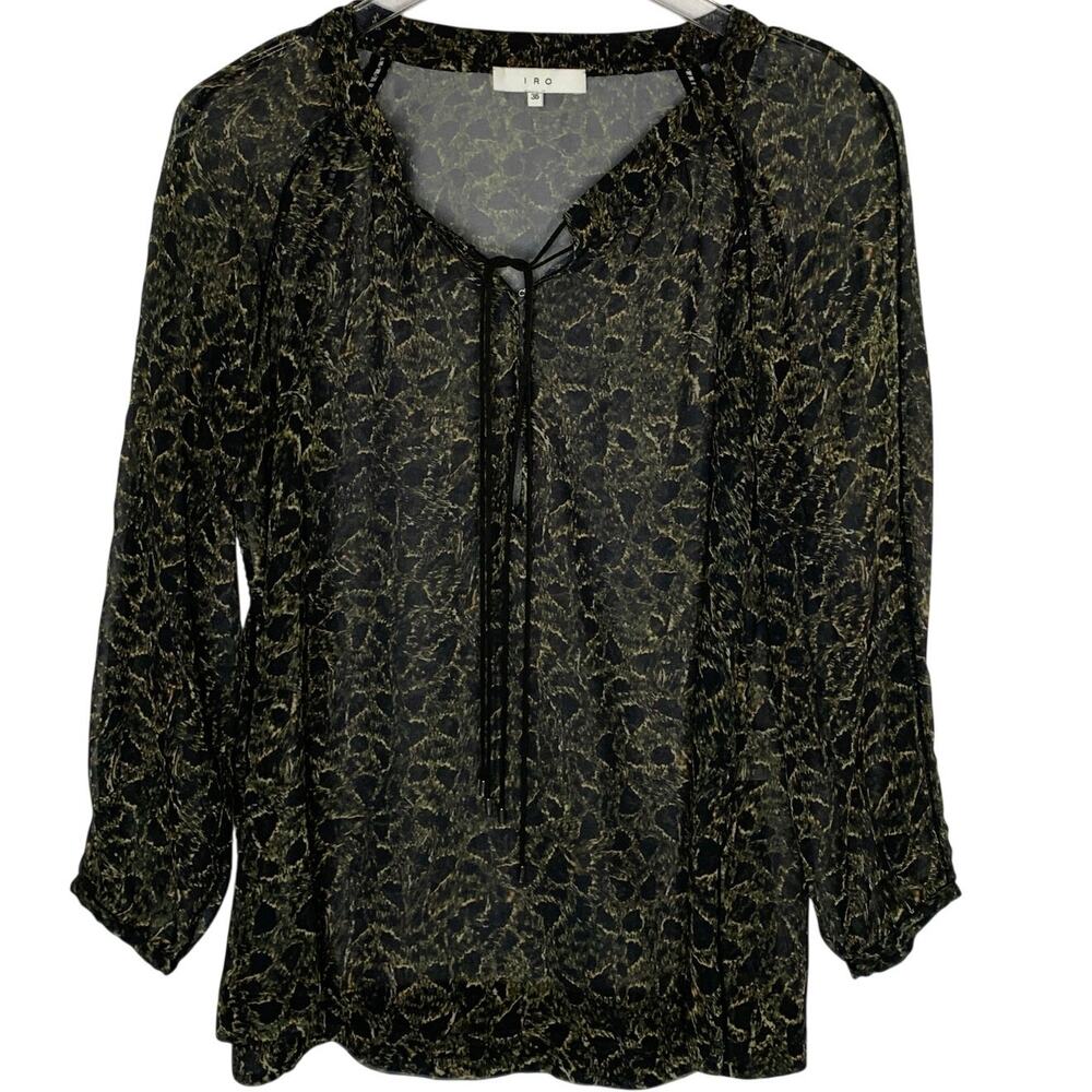 IRO Womens Sheer Long Sleeved Blouse Tie Neck Dark Abstract Print S